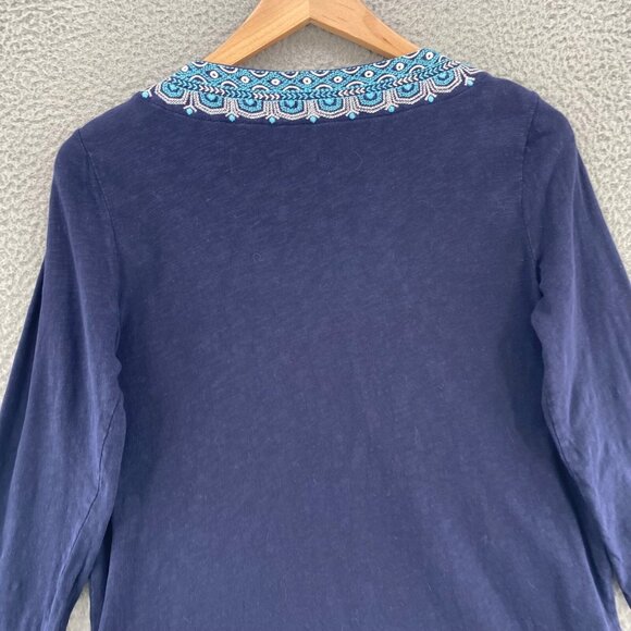 Talbots Top Womens Medium Navy Cotton Embroidered 3/4 Sleeve Slub Knit Pullover - Picture 4 of 9